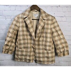 Vintage Talbots Blazer Plaid 3/4 Puffed Sleeve Italian Fabric Size 12 Preppy 90s